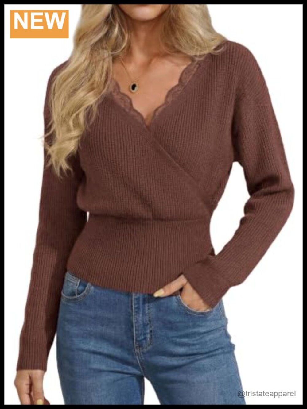 Women's Lace Trim Wrap Crop Sweater V Neck Long Sleeve